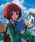  1girl :d alchemaniac bag blue_eyes blue_sky collared_shirt commentary copyright_request day english_commentary green_jacket highres holding house jacket long_sleeves looking_at_viewer necktie open_mouth outdoors red_neckwear redhead shirt shoulder_bag sky smile solo upper_body wing_collar 