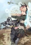  1girl aircraft airplane animal_ears black_ribbon blonde_hair caterpillar_tracks commentary_request gloves green_shirt ground_vehicle hair_ribbon headphones holding holding_weapon kws long_hair long_sleeves magic_circle military military_vehicle motor_vehicle outdoors ribbon shirt strike_witches tail tank weapon white_gloves world_witches_series 