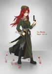  1girl belt beret boots braid double-breasted fan_(pixiv1542431299) gun hammer_and_sickle hat hat_ornament highres holding holding_gun holding_weapon hong_meiling long_coat long_hair military military_uniform pants redhead russian_text shoulder_belt soviet soviet_army star_(symbol) star_hat_ornament sword touhou twin_braids uniform weapon 