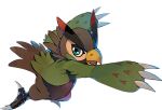  airborne arm_up bird claws creature digimon digimon_survive falcomon feathers full_body green_eyes looking_at_viewer lowres no_humans official_art open_mouth outstretched_arm sharp_teeth solo teeth tongue transparent_background ukumo_uichi 