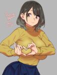  1girl 2021 agawa_ryou black_hair brown_eyes commentary dated english_commentary grey_background heart heart_hands long_hair looking_at_viewer original signature simple_background smile solo 