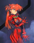  1girl blue_eyes bodysuit breasts breasts_apart cowboy_shot expressionless hair_between_eyes long_hair looking_at_viewer medium_breasts multicolored multicolored_bodysuit multicolored_clothes neon_genesis_evangelion optionaltypo orange_hair plugsuit red_bodysuit signature solo souryuu_asuka_langley 