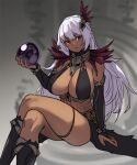  1girl black_footwear black_gloves boots breasts bridal_gauntlets closed_mouth crossed_legs crystal_ball dark_skin dark-skinned_female elbow_gloves feathers gloves grey_background hair_feathers holding houtengeki invisible_chair large_breasts long_hair looking_at_viewer original purple_hair red_eyes sitting solo 
