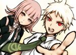  1boy 1girl ahoge bangs black_jacket black_shirt breasts brown_eyes collared_shirt commentary_request dangan_ronpa_(series) dangan_ronpa_2:_goodbye_despair dress_shirt eyebrows_visible_through_hair flipped_hair frown glasses gradient gradient_background green_neckwear hair_ornament hairclip hinata_hajime hinata_hajime_(awakened) hood jacket light_brown_hair looking_at_viewer medium_breasts nanami_chiaki necktie nico_(nico_alice) open_clothes open_jacket open_mouth pink_eyes pink_hair pink_ribbon pointing red_eyes ribbon school_uniform shirt short_hair sleeves_past_wrists spoilers two-tone_shirt upper_body white_hair white_shirt 