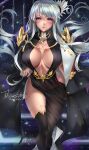  1girl absurdres artist_name azur_lane black_legwear blush breasts capelet cleavage_cutout cloak clothing_cutout enterprise_(azur_lane) enterprise_(heroic_finery)_(azur_lane) feathers hair_feathers hawaichung highres jewelry large_breasts long_hair looking_at_viewer necklace silver_hair smile thigh-highs very_long_hair violet_eyes 