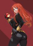  1girl apple artist_name avengers belt bite_mark black_bodysuit black_widow blue_eyes bodysuit breasts catsuit eating english_commentary food from_behind fruit hand_on_hip highres holding holding_food holding_fruit jun_(seojh1029) long_hair looking_at_viewer looking_back marvel natasha_romanoff redhead signature solo 