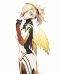  1girl arm_up bangs black_gloves blonde_hair blue_eyes bodysuit breasts cowboy_shot eyebrows_visible_through_hair feathered_wings from_side gloves high_ponytail long_hair looking_at_viewer maro_(lij512) mechanical_halo mercy_(overwatch) overwatch parted_lips ponytail signature simple_background solo standing upper_body white_background wings 