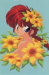  1980s_(style) 1girl aqua_background bangs blue_eyes braid braided_ponytail eyebrows_visible_through_hair flower genderswap genderswap_(mtf) hair_flower hair_ornament looking_at_viewer official_art portrait ranma-chan ranma_1/2 redhead retro_artstyle simple_background single_braid smile solo 