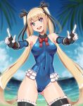  1girl bangs beach black_legwear blonde_hair blue_eyes blue_leotard bow breasts dead_or_alive eyebrows_visible_through_hair frills gloves hair_bow highleg highleg_leotard highres leotard long_hair looking_at_viewer marie_rose medium_breasts red_ribbon ribbon skin_tight smile twintails yasu_suupatenin 