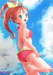  1girl artist_name ass back bare_arms bare_legs bare_shoulders barefoot bikini blush bow breasts brown_hair clouds cloudy_sky commentary_request day dutch_angle frilled_bikini frills from_behind green_bikini green_eyes hair_bow hair_strand halterneck kasuga_rurito leg_up long_hair looking_at_viewer looking_back multicolored multicolored_bikini multicolored_clothes natsuumi_manatsu ocean open_mouth outdoors partially_submerged pink_bikini precure shiny shiny_skin side_ponytail signature sky small_breasts smile splashing swimsuit swimwear tropical-rouge!_precure upper_teeth water water_drop yellow_bow 