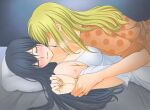  2girls absurdres aihara_mei aihara_yuzu arm_grab bed black_hair blonde_hair breasts citrus_(saburouta) closed_eyes commentary engagement_ring girl_on_top highres incest kiss long_hair lying medium_breasts multiple_girls nattha neck_kiss on_back pillow step-siblings wife_and_wife wrist_grab yuri 