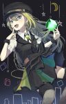  1girl :d alina_gray amino_(li0a4) black_headwear black_ribbon black_vest finger_to_cheek fishnet_legwear fishnets fur-trimmed_legwear fur_bracelet fur_trim garter_straps green_eyes green_hair hat highres long_hair magia_record:_mahou_shoujo_madoka_magica_gaiden mahou_shoujo_madoka_magica multicolored multicolored_clothes multicolored_skirt open_mouth ribbon see-through_shirt see-through_sleeves shirt skirt smile socks solo soul_gem vest white_shirt 