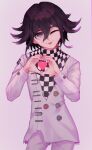  1boy absurdres bangs black_hair checkered commentary contrapposto cowboy_shot dangan_ronpa_(series) dangan_ronpa_v3:_killing_harmony double-breasted grey_background hair_between_eyes hands_up heart heart_hands highres jacket long_sleeves looking_at_viewer male_focus one_eye_closed ouma_kokichi remonoart short_hair simple_background smile solo standing straitjacket tongue tongue_out violet_eyes white_jacket 