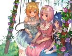  3girls animal_ears bangs bare_shoulders blonde_hair blue_bow blue_dress blue_eyes blue_hair blush bow closed_eyes dress eyebrows_visible_through_hair flower frills grass hair_bow hair_flower hair_ornament hand_on_legs highres hiyori_(princess_connect!) holding holding_flower horns isaya_(pixiv4541633) long_hair looking_at_object multiple_girls necktie off_shoulder open_mouth orange_eyes parted_lips pink_bow pink_dress pink_hair princess_connect! princess_connect!_re:dive red_eyes rei_(princess_connect!) short_hair sitting yellow_bow yui_(princess_connect!) 