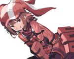 1girl :q alchemaniac bandana brown_eyes brown_hair commentary dutch_angle hat jacket llenn_(sao) long_sleeves looking_at_viewer medium_hair pink_jacket red_bandana simple_background sitting smile solo sword_art_online sword_art_online_alternative:_gun_gale_online tongue tongue_out white_background 