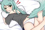 !! 1girl animal_ear_fluff animal_ears ass bang_dream! bangs bare_shoulders bed_sheet black_shirt blush chestnut_mouth commentary_request eyebrows_visible_through_hair fang green_eyes green_hair hair_between_eyes hikawa_sayo kemonomimi_mode long_hair looking_at_viewer looking_back lying off_shoulder on_stomach panties parted_bangs parted_lips pillow pillow_hug shirt short_sleeves solo sonosakiburi tail underwear v-shaped_eyebrows white_panties