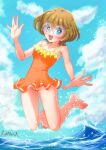  1girl :d arm_up artist_name bare_arms bare_legs bare_shoulders barefoot blue_eyes brown_hair clouds cloudy_sky commentary_request day eyebrows_visible_through_hair frilled_swimsuit frills glasses happy ichinose_minori jumping kasuga_rurito legs_up ocean one-piece_swimsuit open_mouth orange_swimsuit outdoors precure round_eyewear round_teeth shiny shiny_skin short_hair signature single_stripe sky smile solo spaghetti_strap splashing swimsuit swimwear teeth tropical-rouge!_precure upper_teeth water waves 