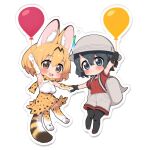  2girls animal_ears balloon black_hair black_pantyhose blue_eyes blush bow bowtie breasts brown_eyes cat_ears cat_girl cat_tail closed_mouth fang hat holding holding_balloon kaban_(kemono_friends) kemono_friends large_breasts looking_at_viewer multiple_girls open_mouth pantyhose ransusan serval_(kemono_friends) short_hair shorts simple_background small_breasts smile tail thigh-highs 