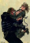  1boy 1girl blonde_hair bra breasts closed_eyes dorohedoro dumpling food highres horns jacket jiaozi kaiman_(dorohedoro) knife nikaidou_(dorohedoro) official_art q._hayashida red_eyes smile tail underwear 