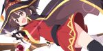  1girl :d black_cape black_gloves black_headwear blush brown_hair cape commentary_request fingerless_gloves gloves hat holding holding_staff ixy kono_subarashii_sekai_ni_shukufuku_wo! looking_at_viewer megumin open_mouth red_eyes red_shirt shirt short_hair smile solo staff witch_hat 