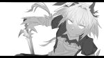 1boy absurdres animal_ears artist_request astolfo_(fate) astolfo_(saber)_(fate) black_bow bow commentary fang fate/grand_order fate_(series) greyscale hair_bow hair_intakes highres holding holding_sword holding_weapon long_hair long_sleeves looking_at_viewer low_twintails monochrome puffy_sleeves rabbit_ears skin_fang solo sword twintails weapon wide_sleeves wing_collar 