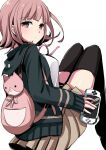  1girl backpack bag bangs black_legwear breasts brown_skirt cat_bag closed_mouth commentary_request dangan_ronpa_(series) dangan_ronpa_2:_goodbye_despair eyebrows_visible_through_hair feet_out_of_frame flipped_hair grey_background handheld_game_console holding holding_handheld_game_console hood hood_down hooded_jacket jacket knees_up long_legs long_sleeves looking_at_viewer medium_breasts nanami_chiaki neck_ribbon nico_(nico_alice) open_clothes open_jacket pink_bag pink_eyes pink_hair pink_ribbon pleated_skirt ribbon shirt short_hair simple_background skirt solo thigh-highs zettai_ryouiki 