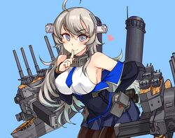  1girl ahoge bare_shoulders black_jacket black_legwear blue_background blue_neckwear cannon commentary_request cowboy_shot finger_to_mouth grey_eyes headgear jacket kantai_collection kusanagi_tonbo leaning_forward long_hair looking_at_viewer machinery military military_uniform necktie off_shoulder pantyhose pleated_skirt shirt silver_hair simple_background skirt sleeveless sleeveless_shirt solo standing turret uniform washington_(kantai_collection) white_shirt white_skirt 