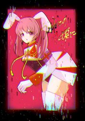  1girl animal_ears armband black_leotard boots chiester45 crop_top glitch highres leotard long_sleeves military_jacket oonokun open_mouth pink_eyes pink_hair rabbit_ears solo tassel thigh-highs thigh_boots twintails umineko_no_naku_koro_ni white_footwear 