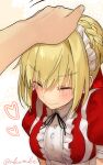  1girl ahoge akamakoto apron bangs blonde_hair blush braid breasts closed_eyes dress fate/extra fate_(series) french_braid frills hair_between_eyes hair_bun hair_intakes highres large_breasts long_hair maid_headdress nero_claudius_(fate) nero_claudius_(fate)_(all) petting puffy_short_sleeves puffy_sleeves red_dress short_sleeves smile solo_focus 