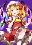  1girl ascot blonde_hair bow collared_shirt crystal eyebrows_visible_through_hair flandre_scarlet frilled_skirt frills hair_between_eyes hair_bow hat highres long_hair looking_at_viewer mob_cap open_mouth petticoat purple_background red_bow red_eyes red_skirt red_vest ruu_(tksymkw) shirt short_sleeves side_ponytail simple_background skirt smile solo touhou vest white_headwear white_legwear white_shirt wings yellow_neckwear 