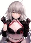  2girls absurdres ahoge anger_vein bikini bikini_pull black_gloves breasts fate/grand_order fate_(series) gloves grey_hair hane_yuki highres jeanne_d&#039;arc_(alter_swimsuit_berserker) jeanne_d&#039;arc_(fate)_(all) jeanne_d&#039;arc_alter_santa_lily large_breasts long_hair multiple_girls navel o-ring o-ring_bikini swimsuit white_background yellow_eyes 