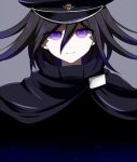  1boy 8takenokonosato8 bangs black_cape black_hair black_headwear cape closed_mouth dangan_ronpa_(series) dangan_ronpa_v3:_killing_harmony grey_background hair_between_eyes hat head looking_at_viewer male_focus ouma_kokichi peaked_cap purple_hair sky_print smile solo tagme violet_eyes 