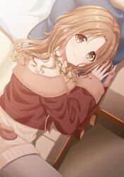  1girl bangs blush brown_eyes brown_hair closed_mouth eyebrows_visible_through_hair grey_legwear hands_up highres hiiragi_kei ichikawa_hinana idolmaster idolmaster_shiny_colors long_hair looking_at_viewer lying pantyhose parted_bangs pillow smile solo tagme 