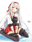  1girl :d artist_name bandages bandaid bandaid_on_cheek black_legwear boots brown_eyes cherry_blossoms hairband japanese_clothes kantai_collection long_hair looking_at_viewer muneate open_mouth pleated_skirt shoukaku_(kantai_collection) signature silver_hair skirt smile solo thigh-highs thigh_boots toosaka_asagi very_long_hair zettai_ryouiki 