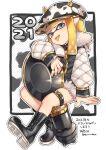  1girl 2021 animal_print black_eyes blonde_hair boots cow_print domino_mask fur_trim hat highres horns inkling invisible_chair looking_at_viewer mask pointy_ears print_headwear shina_shina sitting solo splatoon_(series) splatoon_2 tentacle_hair thigh_strap tongue tongue_out 