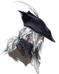  1girl ascot bloodborne closed_mouth collar cravat from_side gem green_eyes hat hat_feather highres jewelry lady_maria_of_the_astral_clocktower long_hair pilgrim_(silentreverie) ponytail simple_background solo the_old_hunters tricorne white_background white_hair 