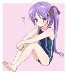  1girl barefoot blue_eyes blue_swimsuit border flat_chest full_body hiiragi_kagami looking_at_viewer lucky_star pink_background purple_hair retsumaru school_swimsuit sitting solo swimsuit tsurime twintails two-tone_background white_border 