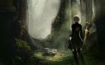  1girl back_cutout basket black_gloves clothing_cutout floating floating_weapon gloves grass highres light_particles light_rays momokurianzu moss nature nier_(series) nier_automata outdoors puffy_sleeves robot short_hair solo standing sword tree turtleneck weapon white_hair yorha_no._2_type_b 