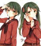  2girls adjusting_hair blush green_eyes green_hair kantai_collection long_hair long_sleeves looking_at_viewer mikuma_(kantai_collection) mogami_(kantai_collection) multiple_girls school_uniform serafuku short_hair signature simple_background toosaka_asagi white_background 