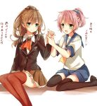  2girls aoba_(kantai_collection) blue_eyes blush brown_hair frilled_skirt frills hair_ornament hairclip highres holding_hands kantai_collection kumano_(kantai_collection) long_hair multiple_girls ponytail purple_hair school_uniform serafuku short_hair sitting skirt smile tears thigh-highs toosaka_asagi translation_request wariza 