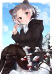  1girl alternate_costume american_beaver_(kemono_friends) animal_ears bangs beaver_ears black_collar black_footwear black_legwear blue_sky blurry blurry_foreground boots brown_eyes casual clouds cloudy_sky collar commentary contemporary day depth_of_field eyebrows_visible_through_hair grey_hair hair_ornament hairclip hand_in_hair highres hood hood_down hooded_coat kemono_friends kinou_no_shika knee_boots long_sleeves looking_at_viewer miniskirt multicolored_hair open_mouth outdoors outside_border pantyhose parted_bangs pleated_skirt short_hair sitting skirt sky smile snow solo white_hair white_skirt 
