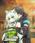  1boy 1girl absurdres animal_ear_fluff arknights clipboard closed_eyes doctor_(arknights) dress embarrassed green_dress green_eyes green_hair highres hug hug_from_behind kal&#039;tsit_(arknights) long_coat lynx_ears lynx_girl male_doctor_(arknights) oripathy_lesion_(arknights) stethoscope yiyisheng 