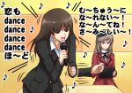  2girls angry bangs beret black_headwear black_jacket black_neckwear blunt_bangs brown_hair commentary constricted_pupils dress_shirt eighth_note english_text eyebrows_visible_through_hair frown girls_und_panzer hat high_collar highres holding holding_microphone holding_tablet_pc indoors jacket karaoke leaning_forward long_hair long_sleeves microphone motion_lines multiple_girls music musical_note neck_ribbon nishizumi_shiho no_mouth omachi_(slabco) open_mouth red_jacket ribbon shimada_chiyo shirt singing sitting standing straight_hair table tablet_pc translated v-shaped_eyebrows white_shirt wing_collar 