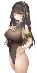  1girl armband bangs blush breasts brown_eyes brown_hair closed_mouth covered_navel cowboy_shot flying_sweatdrops girls_frontline green_hair headphones highres large_breasts leotard long_hair m4a1_(girls_frontline) multicolored_hair ru_zhai simple_background solo streaked_hair white_background 