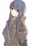  1girl bag bangs blue_hair closed_mouth eyebrows_visible_through_hair eyes_visible_through_hair file112056 highres hood hoodie jacket light light_blush long_hair looking_at_viewer school_bag shima_rin simple_background solo violet_eyes white_background yurucamp 