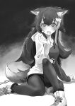  1girl animal_ears blush crying eyebrows_visible_through_hair greyscale highres hololive hood hoodie leggings long_hair looking_at_viewer mochiyuki_(gigfor1) monochrome ookami_mio open_mouth scared sitting solo tail trembling two-tone_hoodie virtual_youtuber wolf_ears wolf_girl wolf_tail 