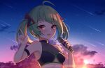  1girl ahoge arm_strap armpits bangs blush breasts clothing_cutout clouds delutaya earrings english_commentary eyebrows_visible_through_hair highres holding holding_microphone icwine indie_virtual_youtuber jewelry meteor_shower microphone mixed-language_commentary open_mouth pointing pointing_up red_eyes shooting_star sky small_breasts smile solo sunset triangle_earrings twintails underboob_cutout virtual_youtuber 