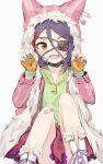  1girl :d animal_hood bandaid bandaid_on_knee black_choker blue_nails boots brown_eyes choker claw_pose cross-laced_footwear eyebrows_visible_through_hair eyepatch fang fingerless_gloves fur-trimmed_hood fur-trimmed_jacket fur_trim gloves green_shirt hayasaka_mirei heart highres hood idolmaster idolmaster_cinderella_girls jacket lace-up_boots long_sleeves looking_at_viewer multicolored_hair open_clothes open_jacket open_mouth orange_gloves pink_jacket purple_hair redhead shirt shone simple_background sitting skirt smile solo streaked_hair two-tone_hair v-shaped_eyebrows white_background 