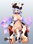  1girl :o animal_ears animal_print arms_at_sides bangs bare_shoulders bikini blue_hair bow choker collarbone cow_ears cow_girl cow_hat cow_print cow_tail cropped_legs detached_sleeves earrings gradient_hair granblue_fantasy highleg highleg_bikini highres jewelry long_hair long_sleeves looking_at_viewer multicolored_hair navel notte parted_lips print_legwear print_sleeves purple_hair red_eyes shatola_(granblue_fantasy) solo stomach swimsuit tail tail_bow tail_ornament tassel thigh-highs very_long_hair white_bikini white_bow white_choker white_legwear wide_sleeves 