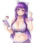  1girl alternate_costume animal_ear_headphones artist_name bangs bare_arms bare_shoulders blush breasts cellphone checkered collarbone commentary commission crop_top doki_doki_literature_club english_commentary eyebrows_visible_through_hair hair_between_eyes hand_up headphones heart highres holding holding_phone large_breasts long_hair looking_at_viewer midriff navel parted_lips paw_print phone potetos7 purple_hair scrunchie sidelocks simple_background smartphone solo upper_body very_long_hair violet_eyes watermark white_background wrist_scrunchie yuri_(doki_doki_literature_club) 